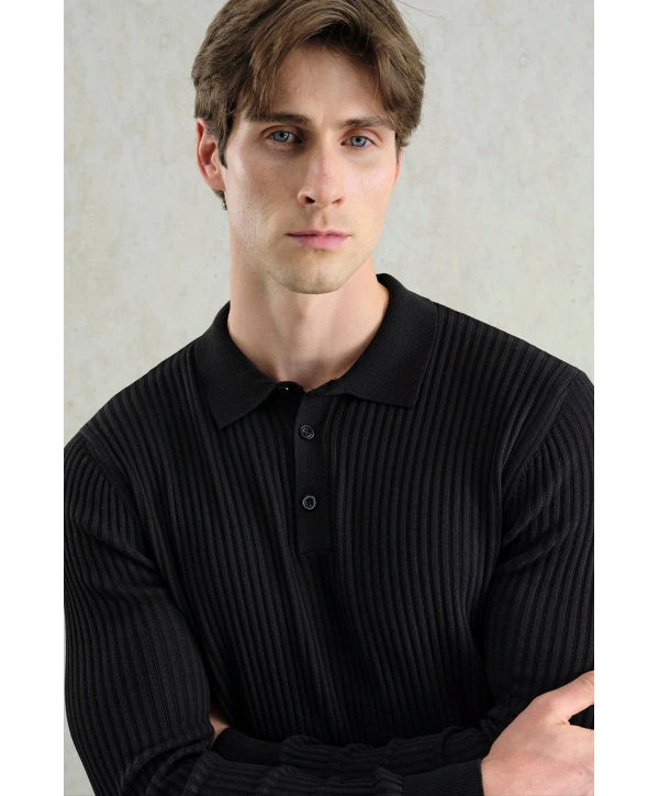 Erkek Normal Kesim Polo Yaka Kendinden Çizgili Triko -Siyah