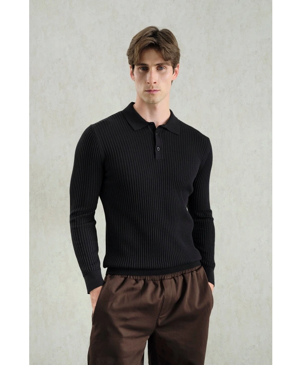 Erkek Normal Kesim Polo Yaka Kendinden Çizgili Triko -Siyah