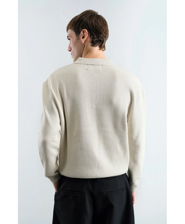 Erkek Normal Kesim Polo Yaka Triko -Krem