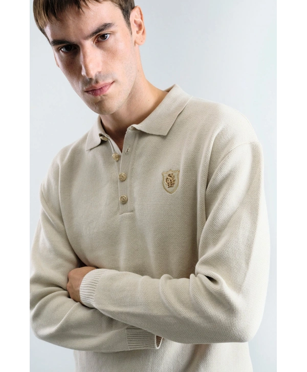 Erkek Normal Kesim Polo Yaka Triko -Krem