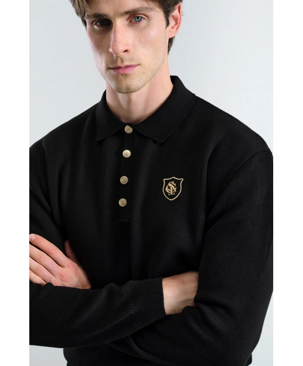 Erkek Normal Kesim Polo Yaka Triko -Siyah