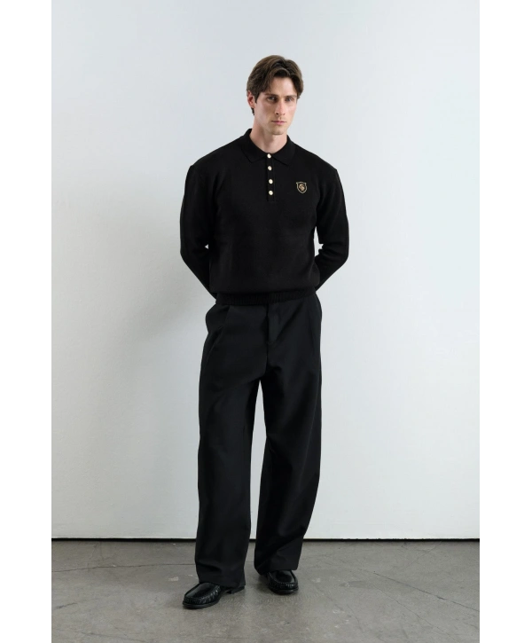 Erkek Normal Kesim Polo Yaka Triko -Siyah