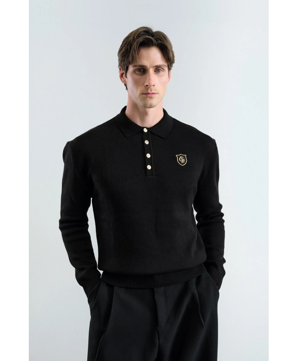 Erkek Normal Kesim Polo Yaka Triko -Siyah