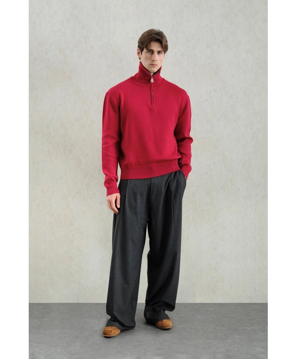 Erkek Normal Kesim Yakası Fermuarlı Polo Yaka Triko -Kırmızı