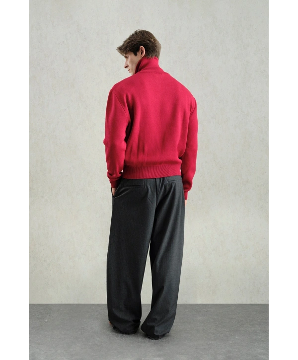 Erkek Normal Kesim Yakası Fermuarlı Polo Yaka Triko -Kırmızı