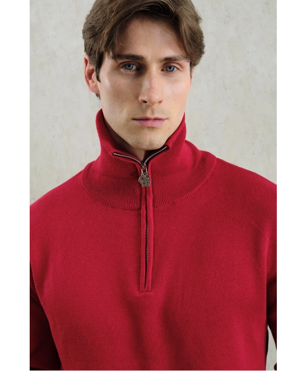 Erkek Normal Kesim Yakası Fermuarlı Polo Yaka Triko -Kırmızı