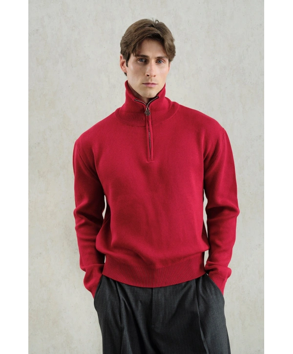 Erkek Normal Kesim Yakası Fermuarlı Polo Yaka Triko -Kırmızı