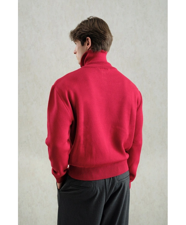 Erkek Normal Kesim Yakası Fermuarlı Polo Yaka Triko -Kırmızı