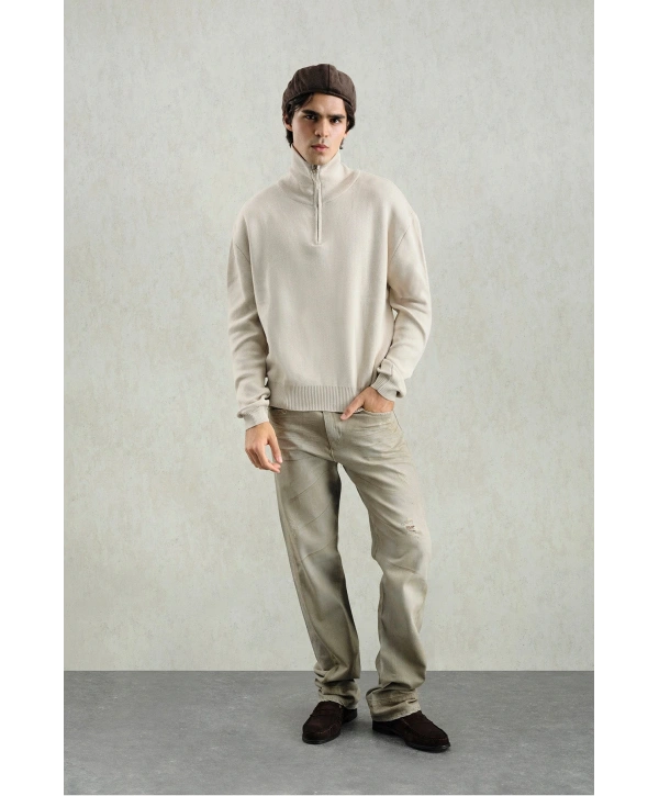 Erkek Normal Kesim Yakası Fermuarlı Polo Yaka Triko -Krem