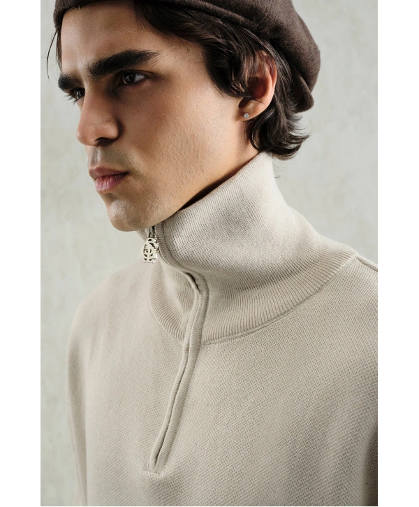 Erkek Normal Kesim Yakası Fermuarlı Polo Yaka Triko -Krem