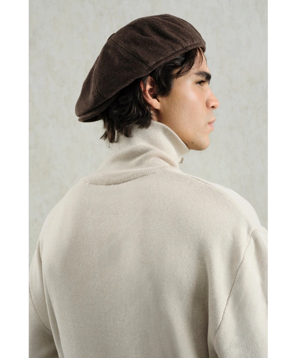 Erkek Normal Kesim Yakası Fermuarlı Polo Yaka Triko -Krem