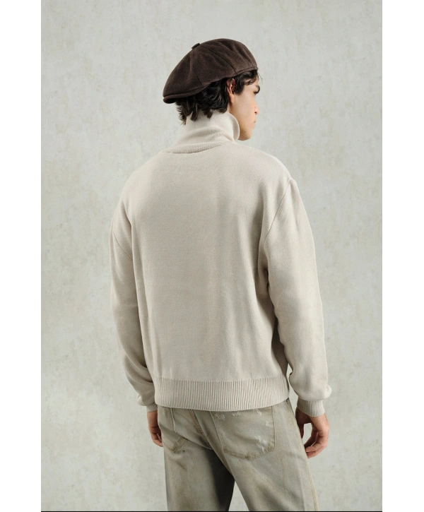 Erkek Normal Kesim Yakası Fermuarlı Polo Yaka Triko -Krem