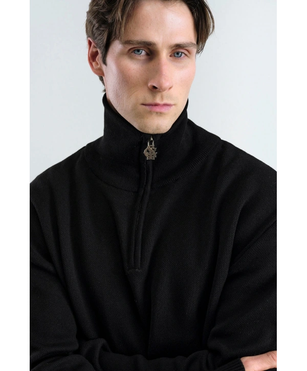 Erkek Normal Kesim Yakası Fermuarlı Polo Yaka Triko -Siyah