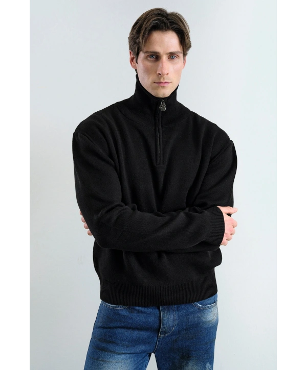 Erkek Normal Kesim Yakası Fermuarlı Polo Yaka Triko -Siyah