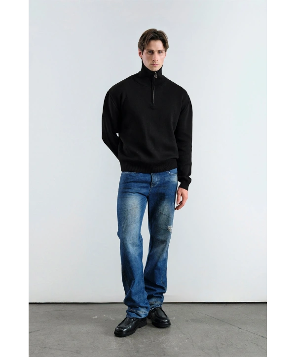 Erkek Normal Kesim Yakası Fermuarlı Polo Yaka Triko -Siyah