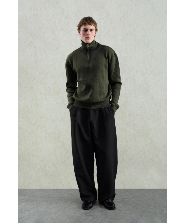 Erkek Normal Kesim Yakası Fermuarlı Polo Yaka Triko -Yeşil