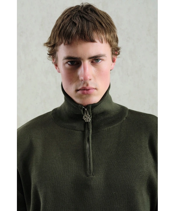 Erkek Normal Kesim Yakası Fermuarlı Polo Yaka Triko -Yeşil