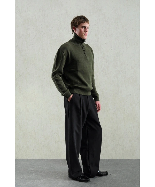 Erkek Normal Kesim Yakası Fermuarlı Polo Yaka Triko -Yeşil