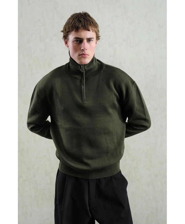 Erkek Normal Kesim Yakası Fermuarlı Polo Yaka Triko -Yeşil