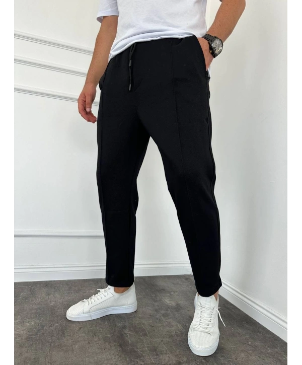 Erkek Önü Çimalı Beli Lastikli Likralı Boyfrend Pantolon-Siyah