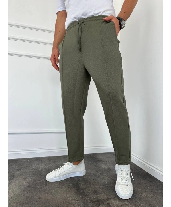 Erkek Önü Çimalı Beli Lastikli Likralı Boyfrend Pantolon-Siyah