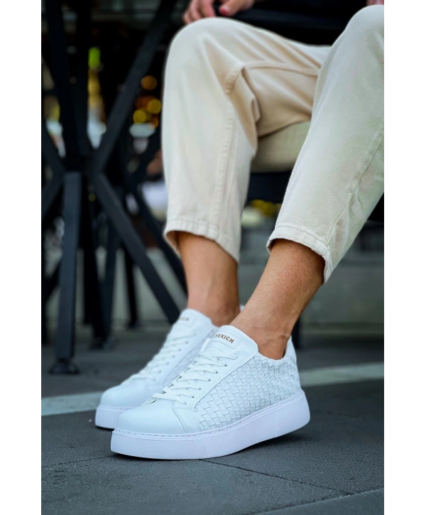 Erkek Örme Desen Günlük Spor Rahat Ayakkabı-Beyaz-Beyaz