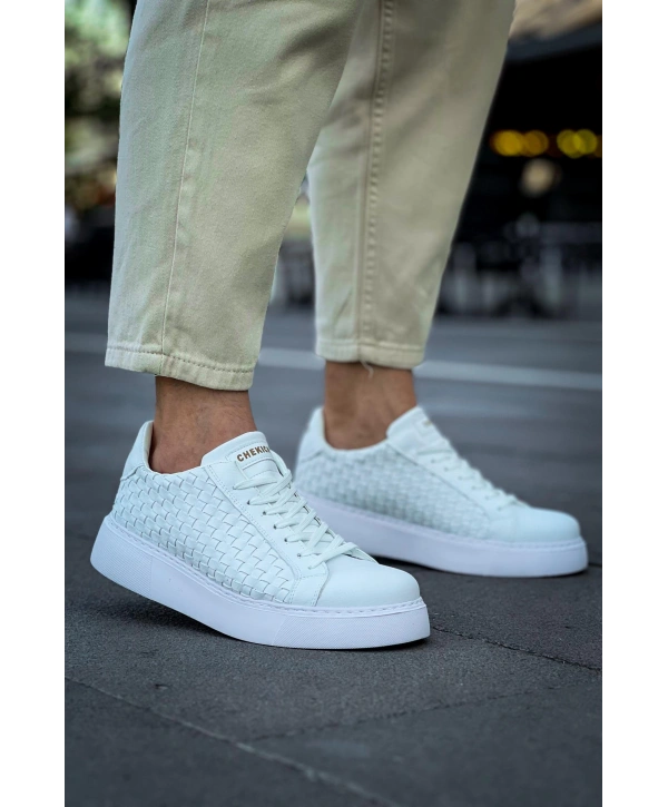Erkek Örme Desen Günlük Spor Rahat Ayakkabı-Beyaz-Beyaz