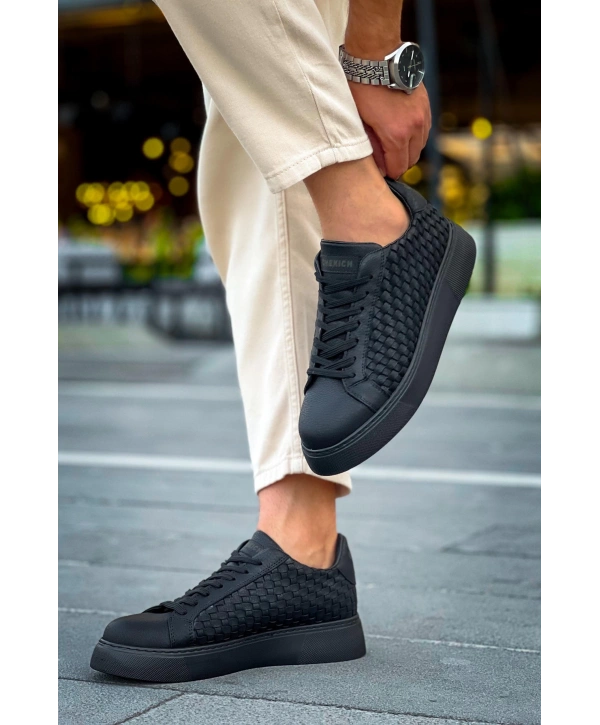 Erkek Örme Desen Günlük Spor Rahat Ayakkabı-Siyah-Siyah