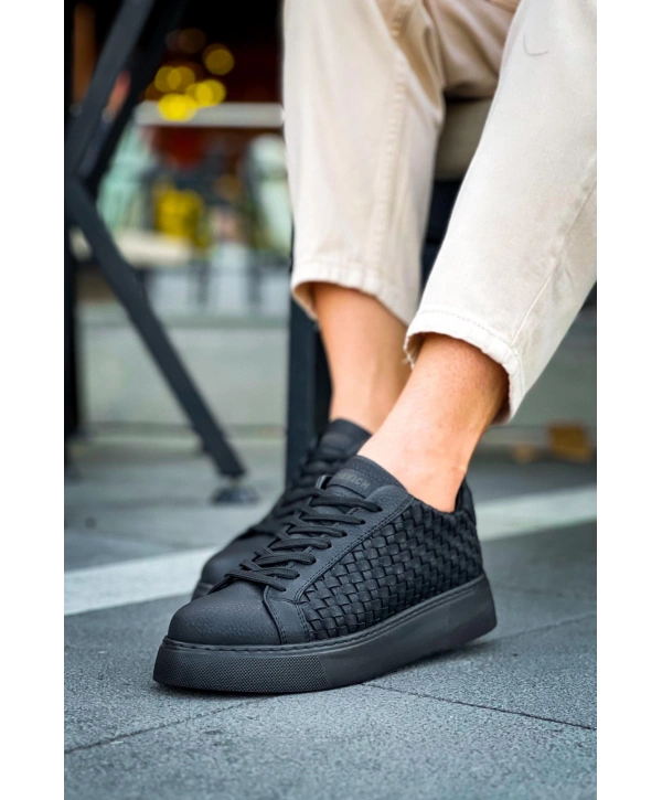 Erkek Örme Desen Günlük Spor Rahat Ayakkabı-Siyah-Siyah