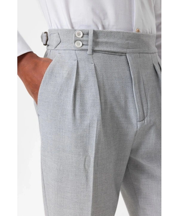 Erkek Örme Kumaş Yüksek Bel Pileli Tokalı Pantolon- Gri