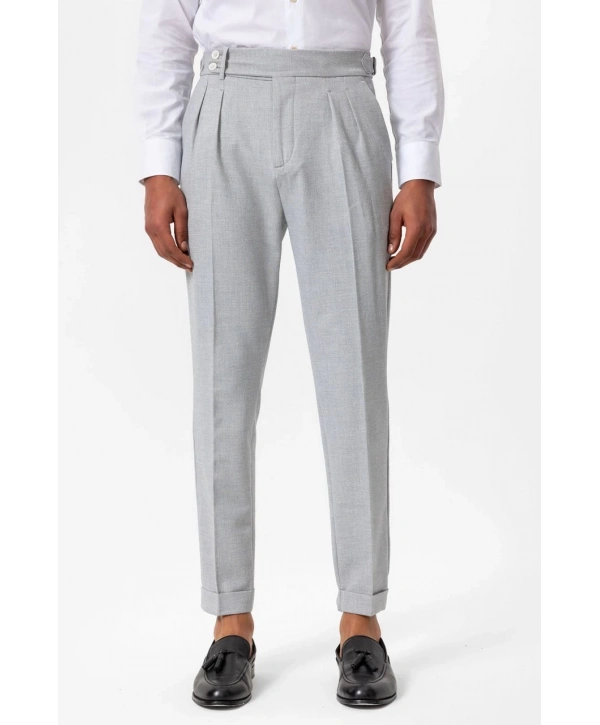 Erkek Örme Kumaş Yüksek Bel Pileli Tokalı Pantolon- Gri