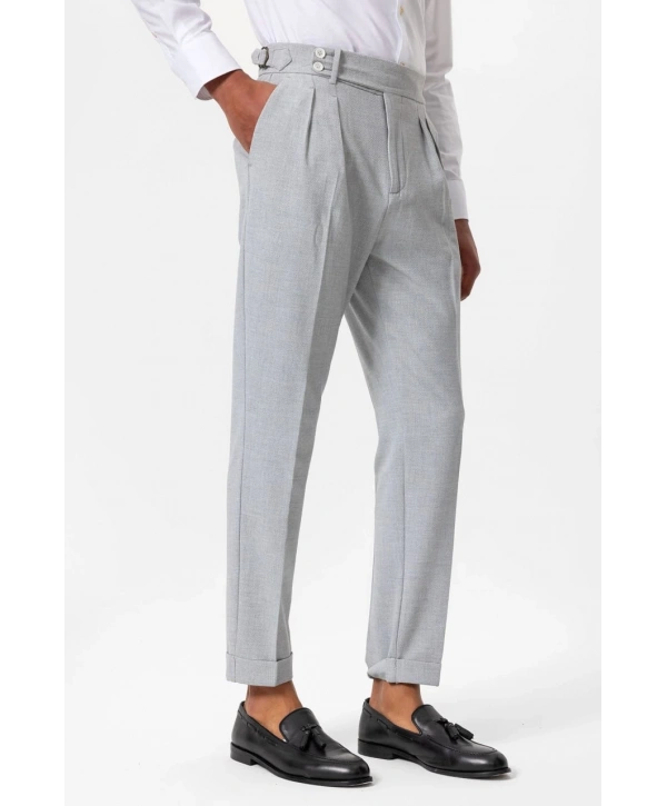 Erkek Örme Kumaş Yüksek Bel Pileli Tokalı Pantolon- Gri