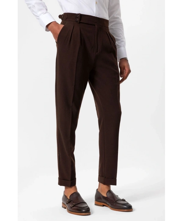 Erkek Örme Kumaş Yüksek Bel Pileli Tokalı Pantolon- Kahverengi