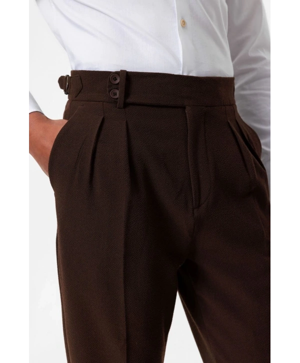 Erkek Örme Kumaş Yüksek Bel Pileli Tokalı Pantolon- Kahverengi