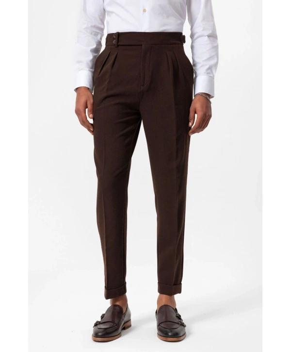 Erkek Örme Kumaş Yüksek Bel Pileli Tokalı Pantolon- Kahverengi