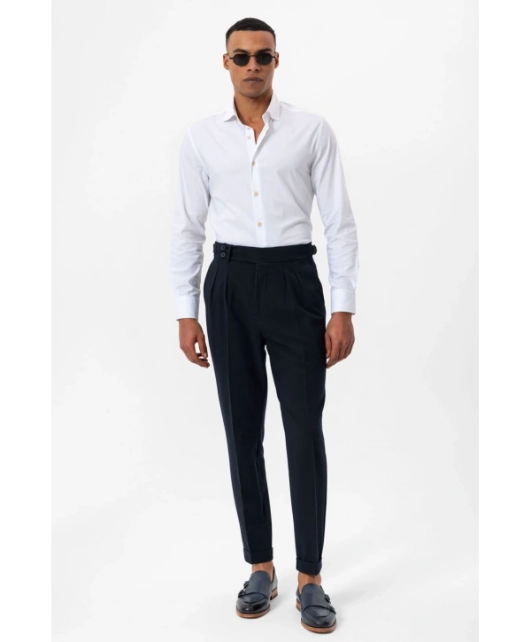 Erkek Örme Kumaş Yüksek Bel Pileli Tokalı Pantolon- Lacivert