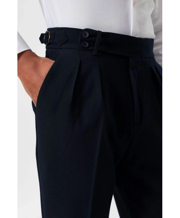 Erkek Örme Kumaş Yüksek Bel Pileli Tokalı Pantolon- Lacivert