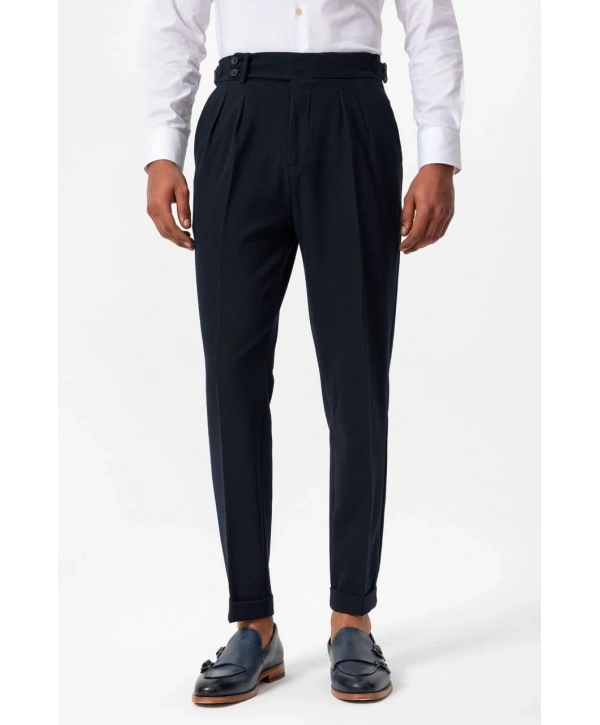 Erkek Örme Kumaş Yüksek Bel Pileli Tokalı Pantolon- Lacivert