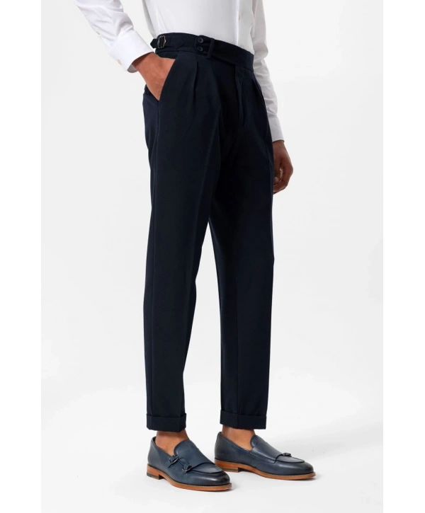 Erkek Örme Kumaş Yüksek Bel Pileli Tokalı Pantolon- Lacivert