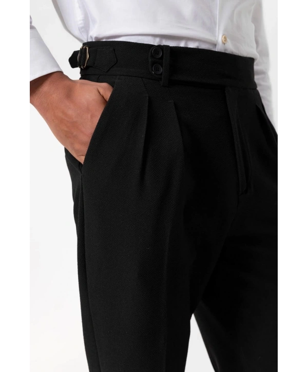 Erkek Örme Kumaş Yüksek Bel Pileli Tokalı Pantolon-Siyah