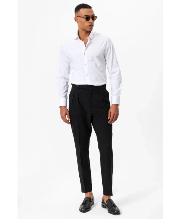 Erkek Örme Kumaş Yüksek Bel Pileli Tokalı Pantolon-Siyah