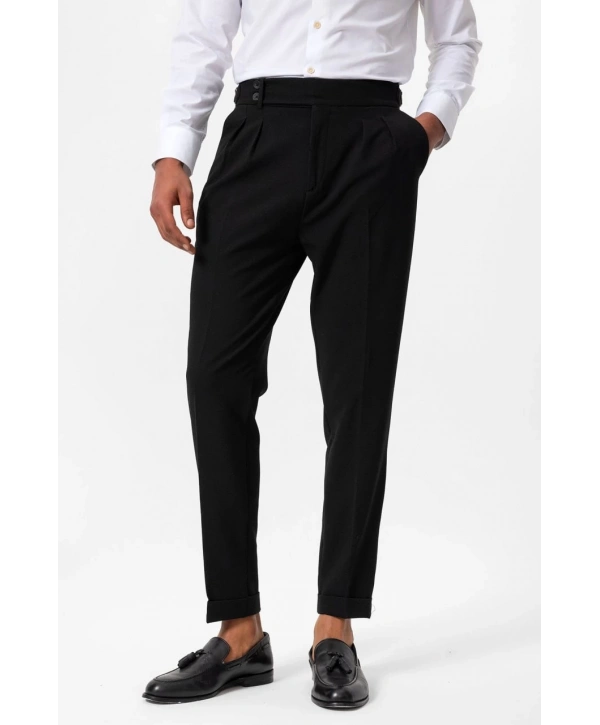 Erkek Örme Kumaş Yüksek Bel Pileli Tokalı Pantolon-Siyah