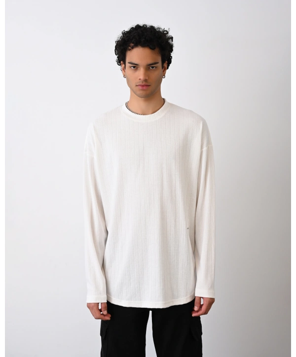 Erkek Owersize Bisiklet Örme İnce Triko-Beyaz