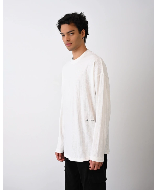 Erkek Owersize Bisiklet Örme İnce Triko-Beyaz