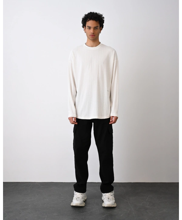 Erkek Owersize Bisiklet Örme İnce Triko-Beyaz