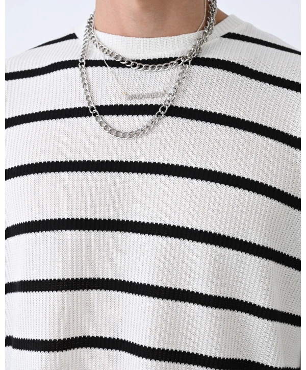 Erkek Owersize Bisiklet Örme İnce Triko-Beyaz-Siyah