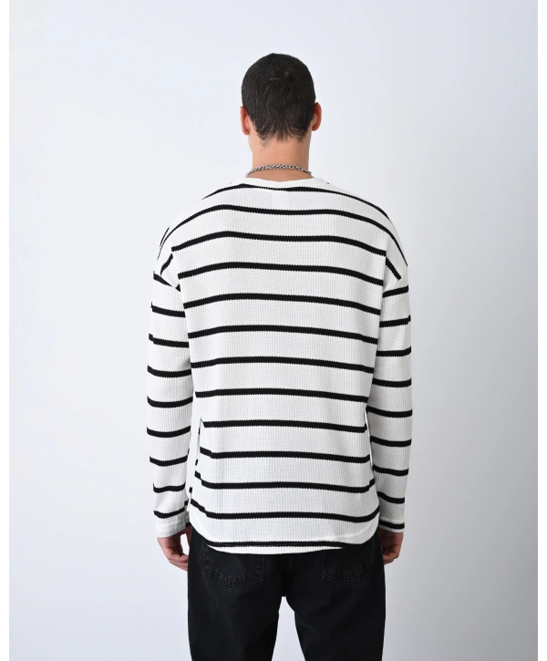 Erkek Owersize Bisiklet Örme İnce Triko-Beyaz-Siyah