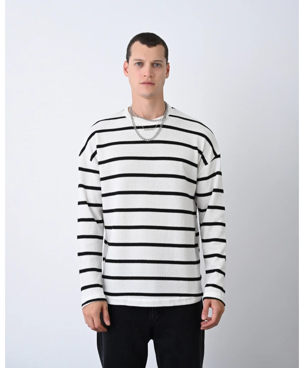 Erkek Owersize Bisiklet Örme İnce Triko-Beyaz-Siyah