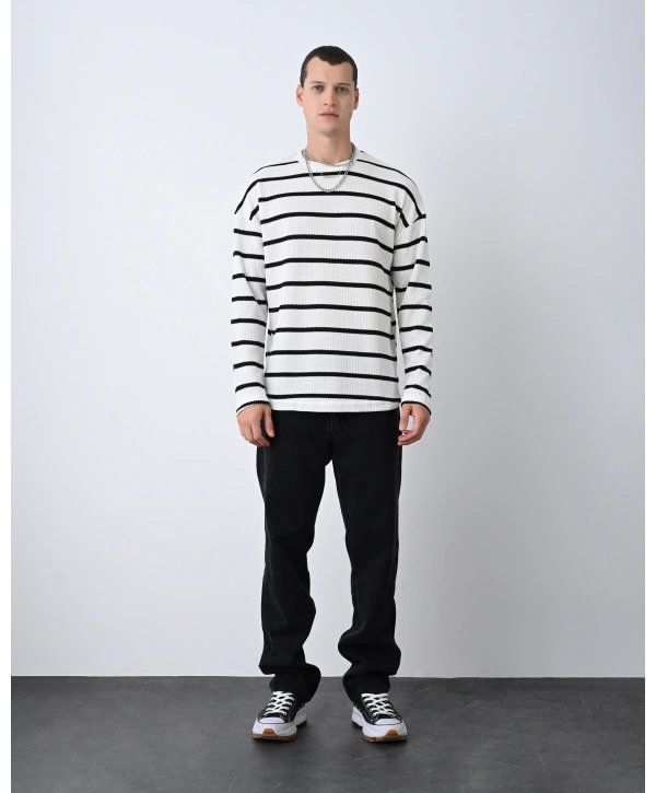 Erkek Owersize Bisiklet Örme İnce Triko-Beyaz-Siyah