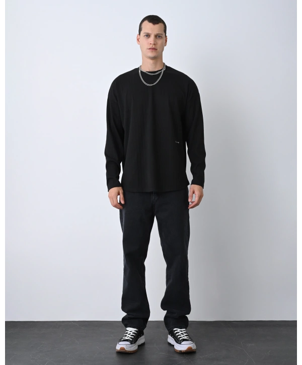 Erkek Owersize Bisiklet Örme İnce Triko-Siyah